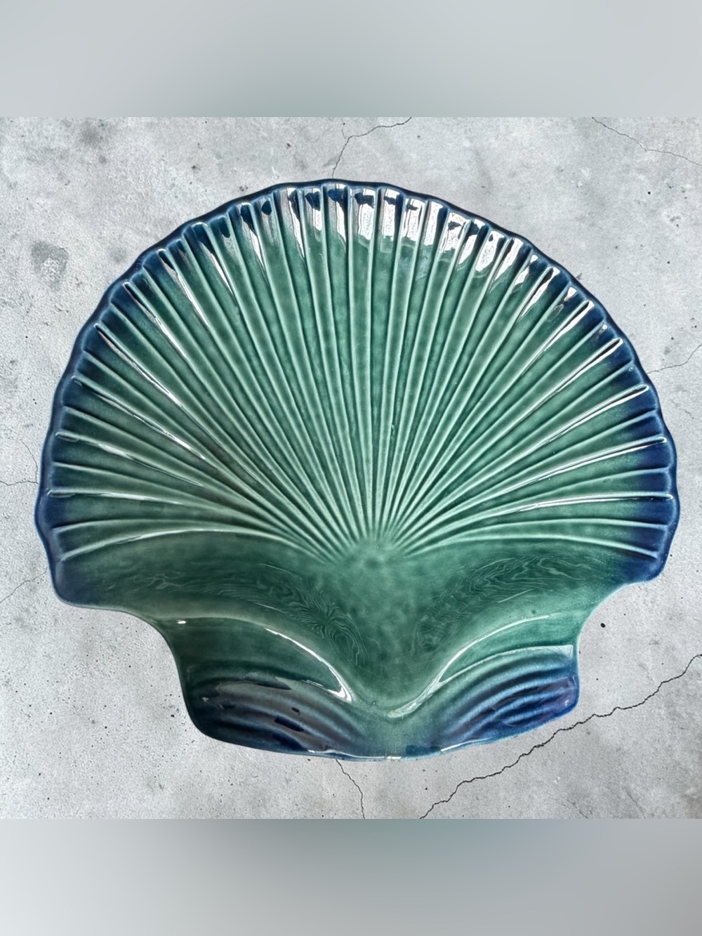 Scallop Shell Pottery Portugal - Large Platter 14”x14” Glossy Glaze Blue Green